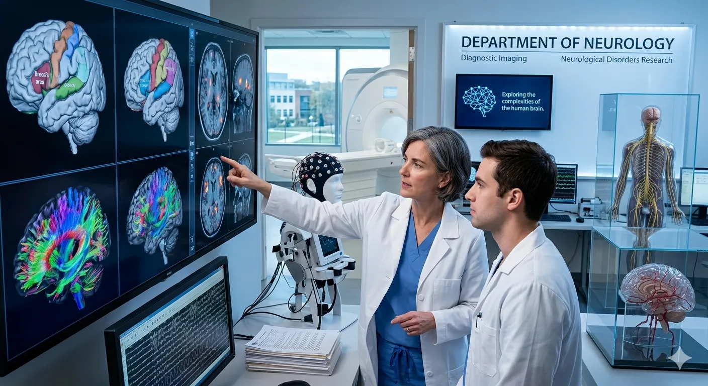 Doi neurologi în halate de laborator analizând imagini ale creierului și date neurologice pe monitoare mari într-un laborator de cercetare neurologică.