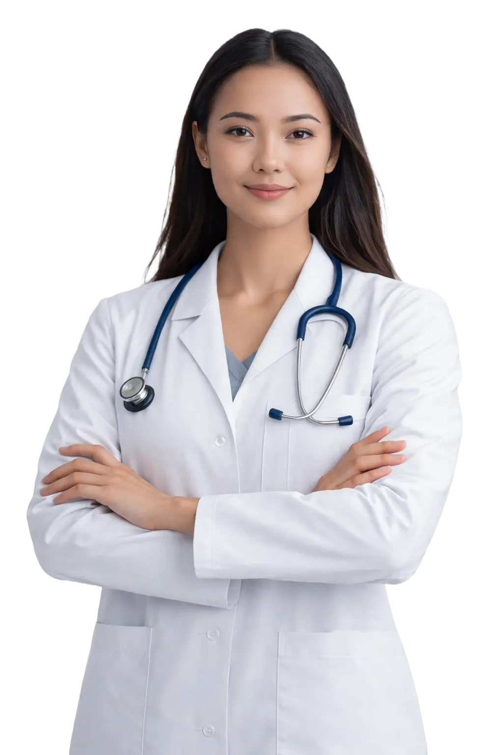 Doctoriță sigură pe sine, cu păr lung și închis la culoare, în halat alb și cu stetoscopul la gât, cu brațele încrucișate.